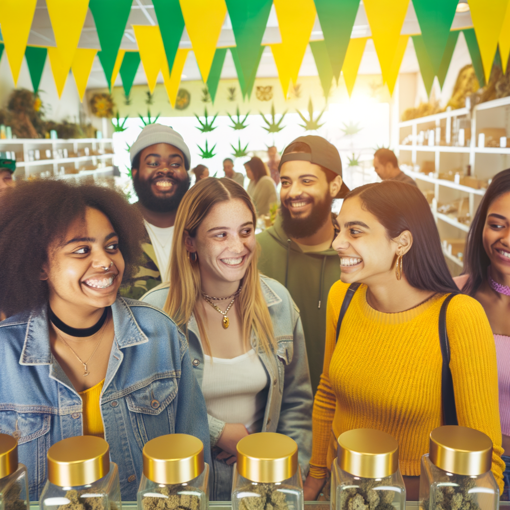 people at a dispensary excited about a cannabis prize giveaway with yellow cannabis flags hanging from ceiling and display cases full of cannabis